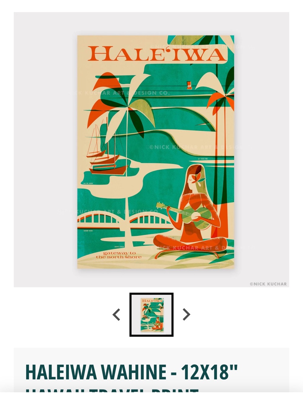 Nick Kuchar Haleiwa Wahine Vintage-Style Green & Orange Travel Art Print— FRAMED